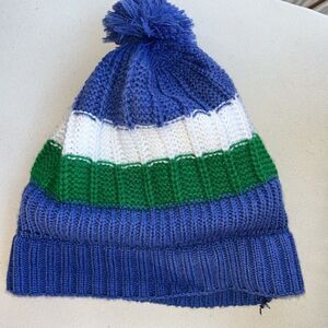 Used Seattle Seahawks colors Striped Knit Beanie Pom hat winter Cap vintage line